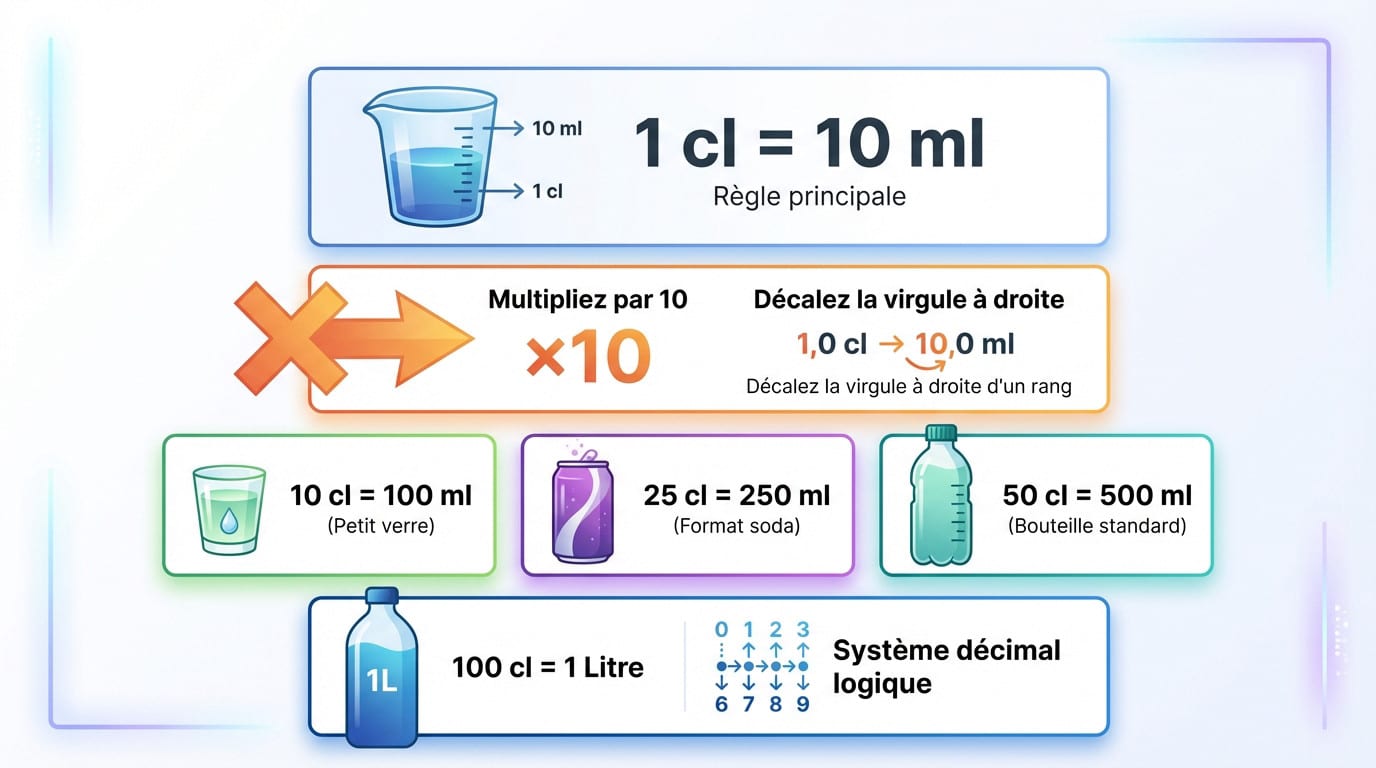 Tableau visuel pour comprendre la conversion de 10 cl en ml