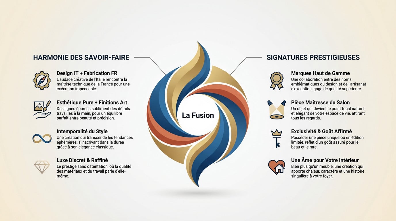 Table basse design mélangeant style italien et fabrication française dans un salon moderne