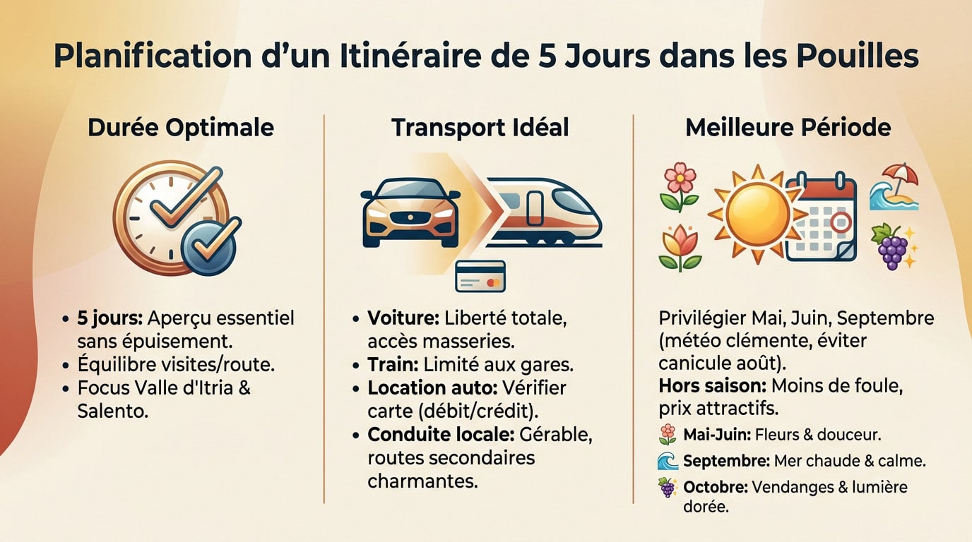 Planification d'un itinéraire de 5 jours dans les Pouilles