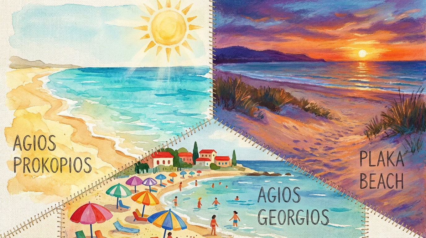 Collage des magnifiques plages de Naxos avec sable doré et eaux turquoise