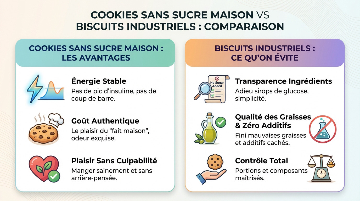Comparaison entre des cookies sans sucre faits maison et des biscuits industriels