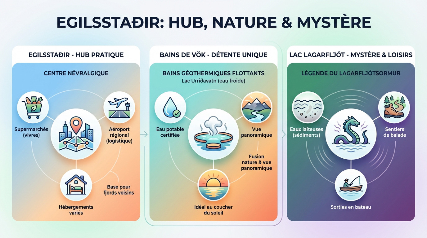 Vue panoramique d'Egilsstaðir entre lac et montagnes en Islande