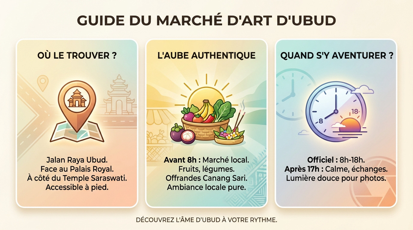 Allée colorée du marché d'art d'Ubud avec des sacs en rotin et artisanat balinais