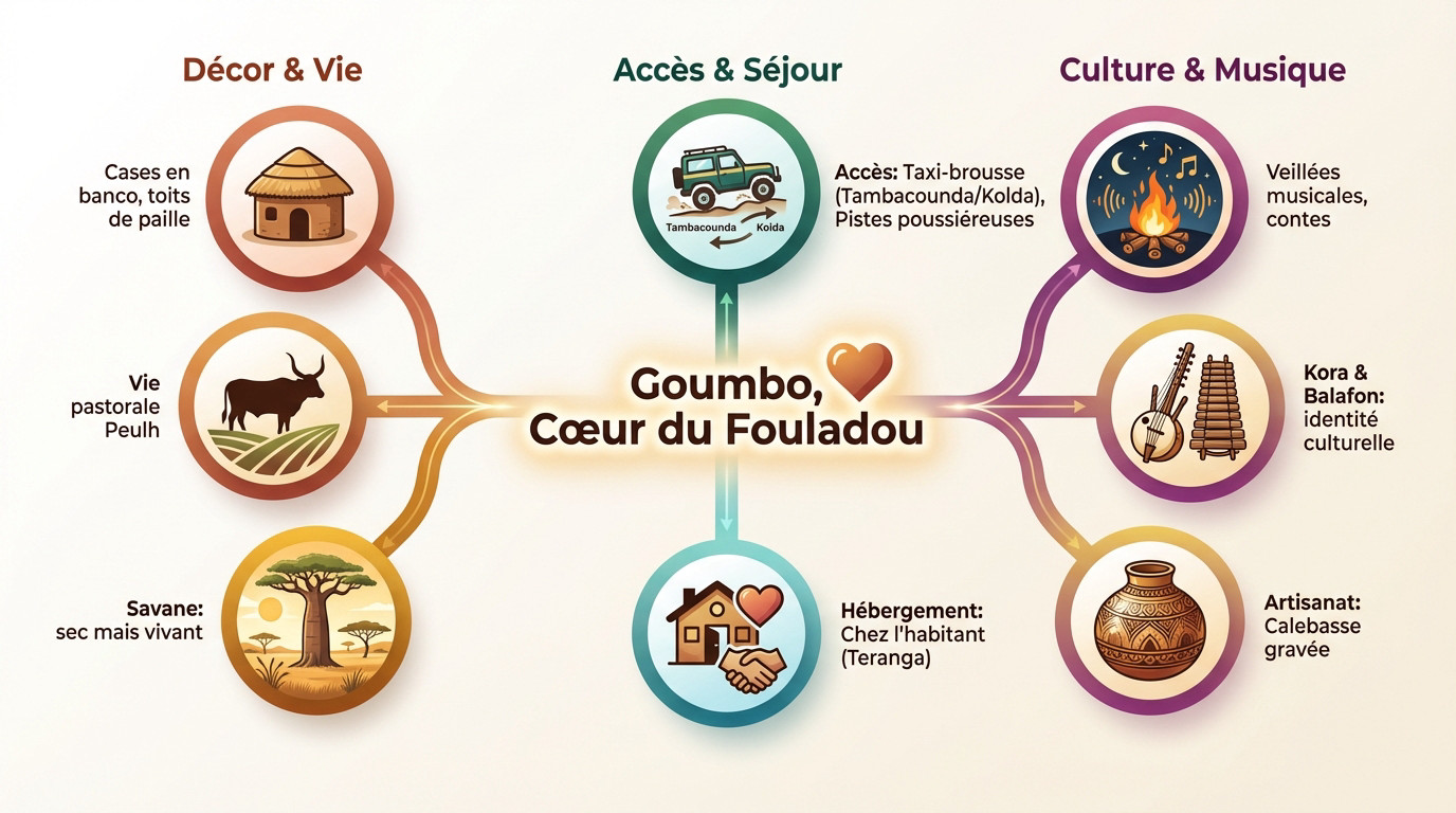 Infographie illustrant la vie locale à Goumbo, l'accès au village et la culture du Fouladou