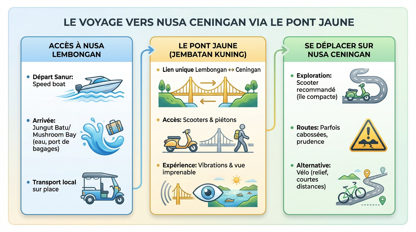 Traversée en scooter du Pont Jaune reliant Nusa Lembongan à Nusa Ceningan