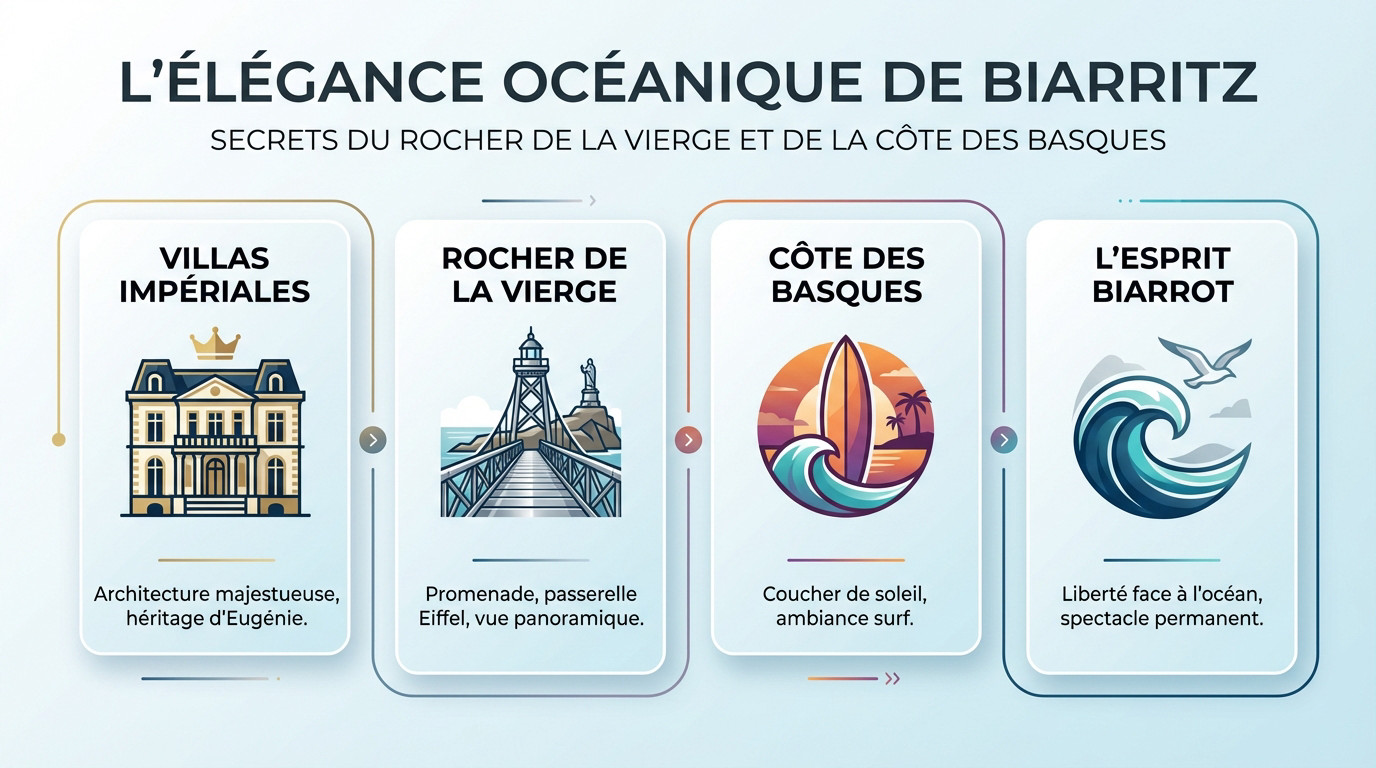 Vue panoramique depuis le Rocher de la Vierge à Biarritz face à l'océan