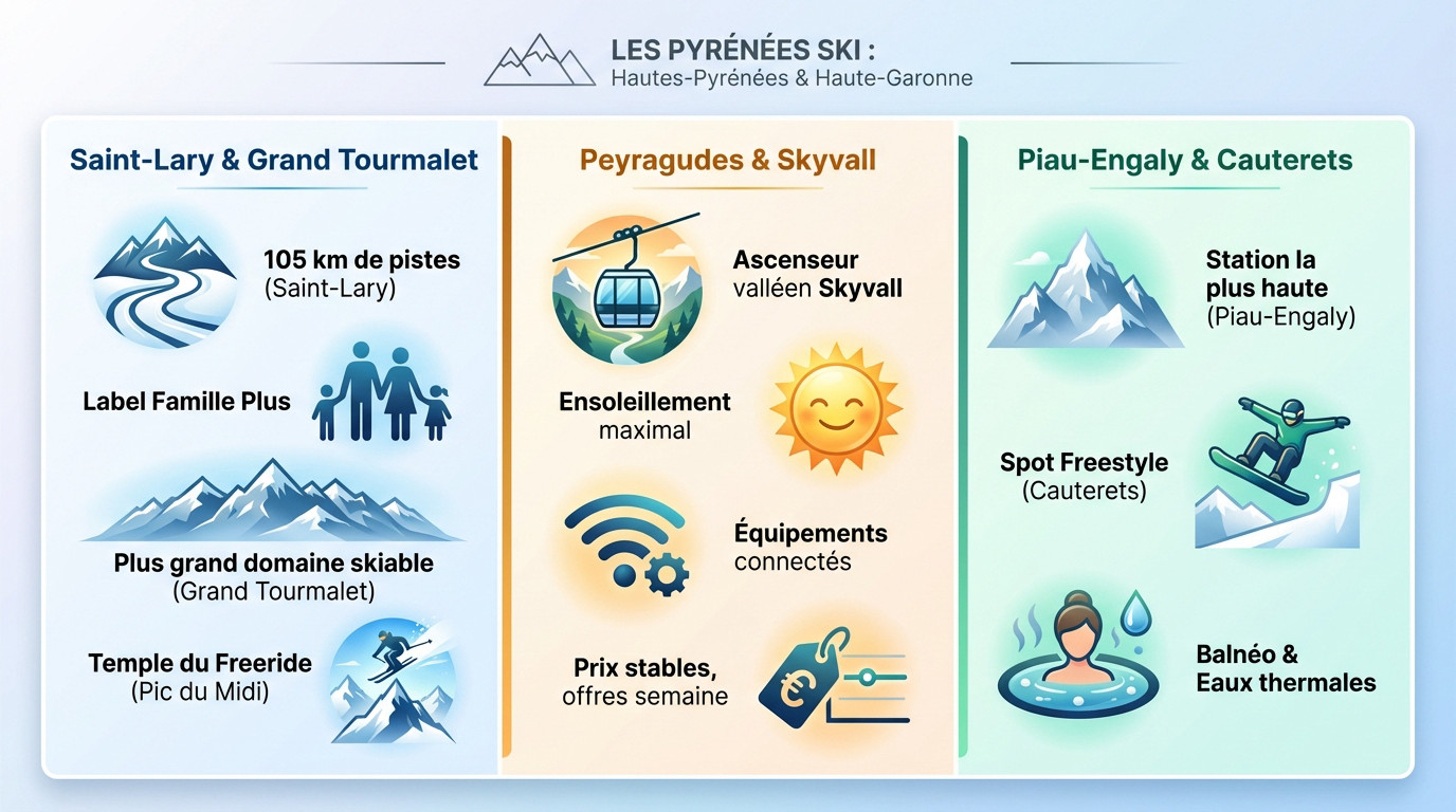 Carte des stations de ski des Pyrénées avec vue sur les pistes enneigées