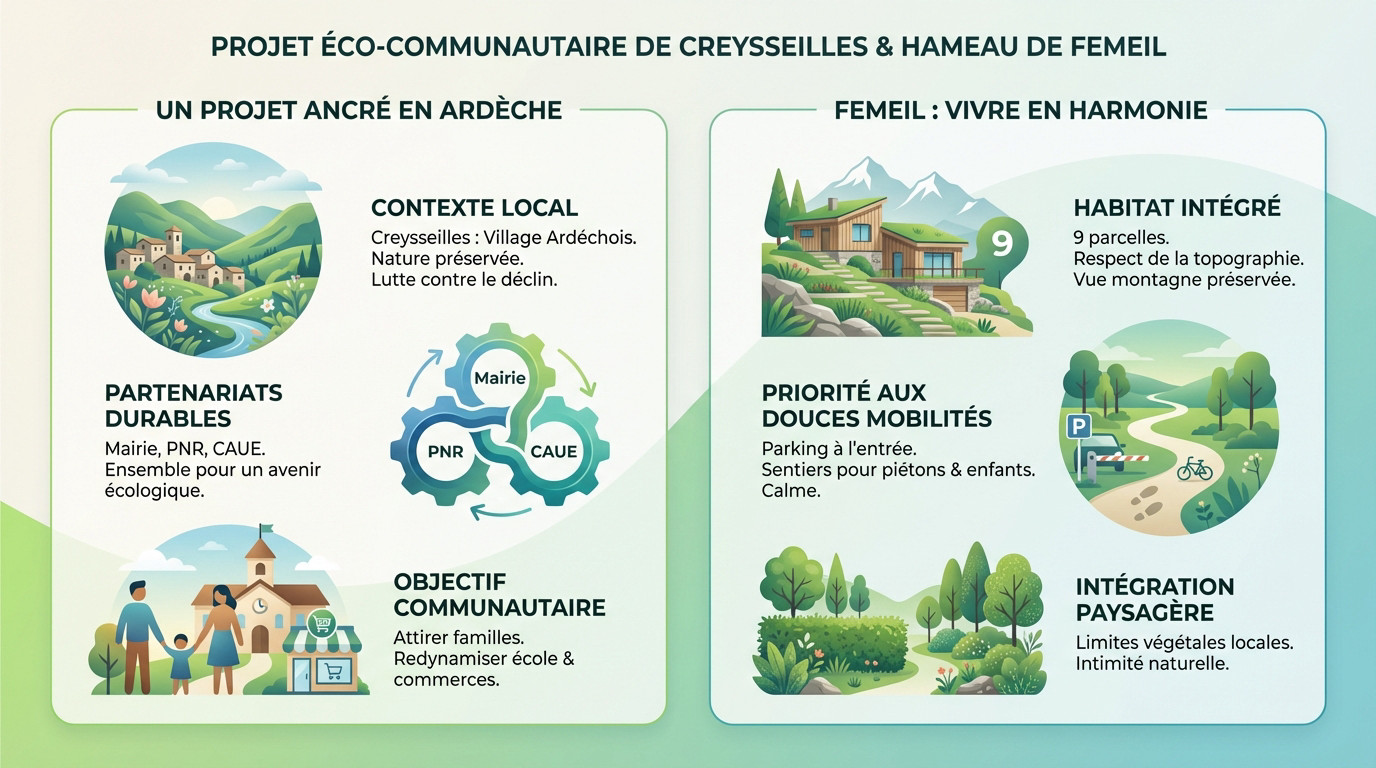 Vue d'ensemble de l'éco-hameau de Femeil à Creysseilles intégrant des habitats durables dans le paysage ardéchois
