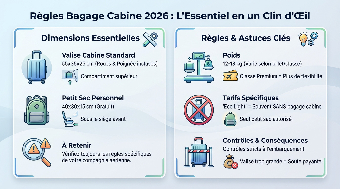 Récapitulatif visuel des dimensions autorisées pour les bagages cabine et accessoires en 2026