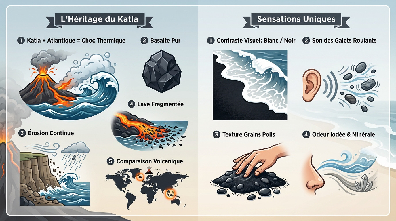 Colonnes de basalte et sable noir de la plage de Reynisfjara sous un ciel d'Islande