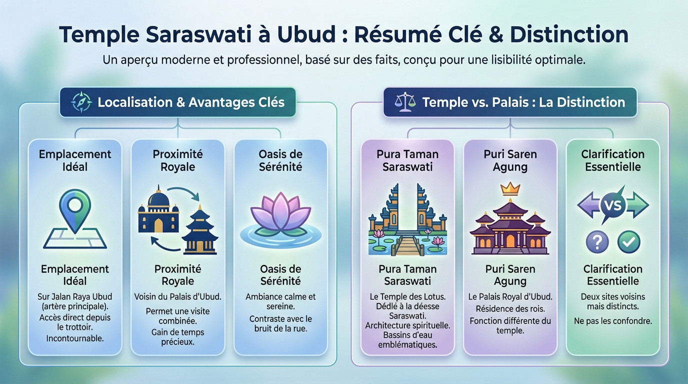 Architecture traditionnelle et bassins de lotus du temple Saraswati à Ubud