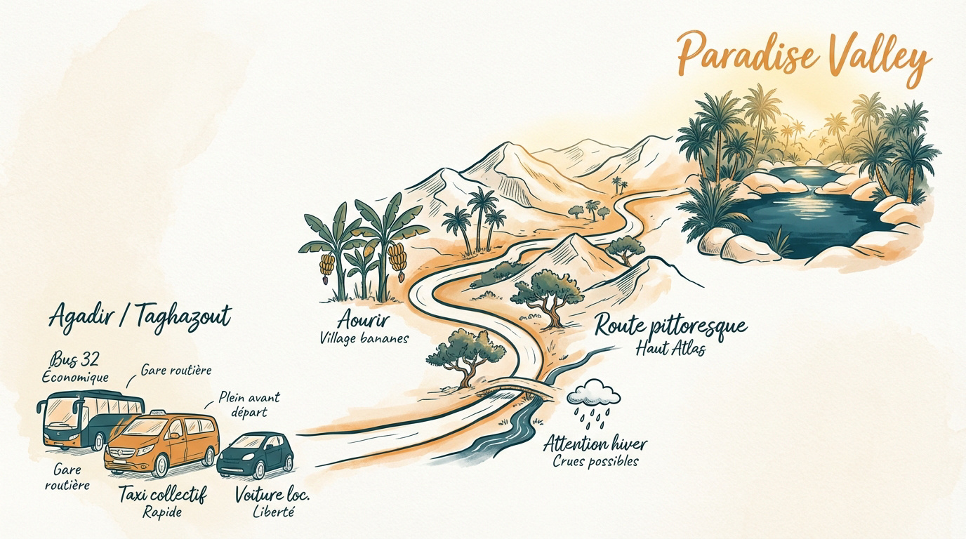 Route pittoresque menant d'Agadir à Paradise Valley à travers les montagnes