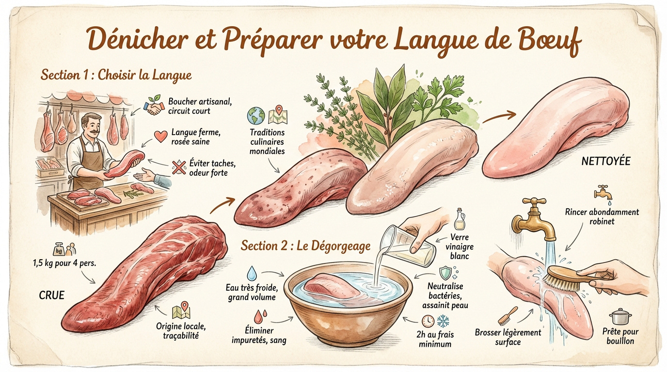 Langue de bœuf fraîche sur un plan de travail