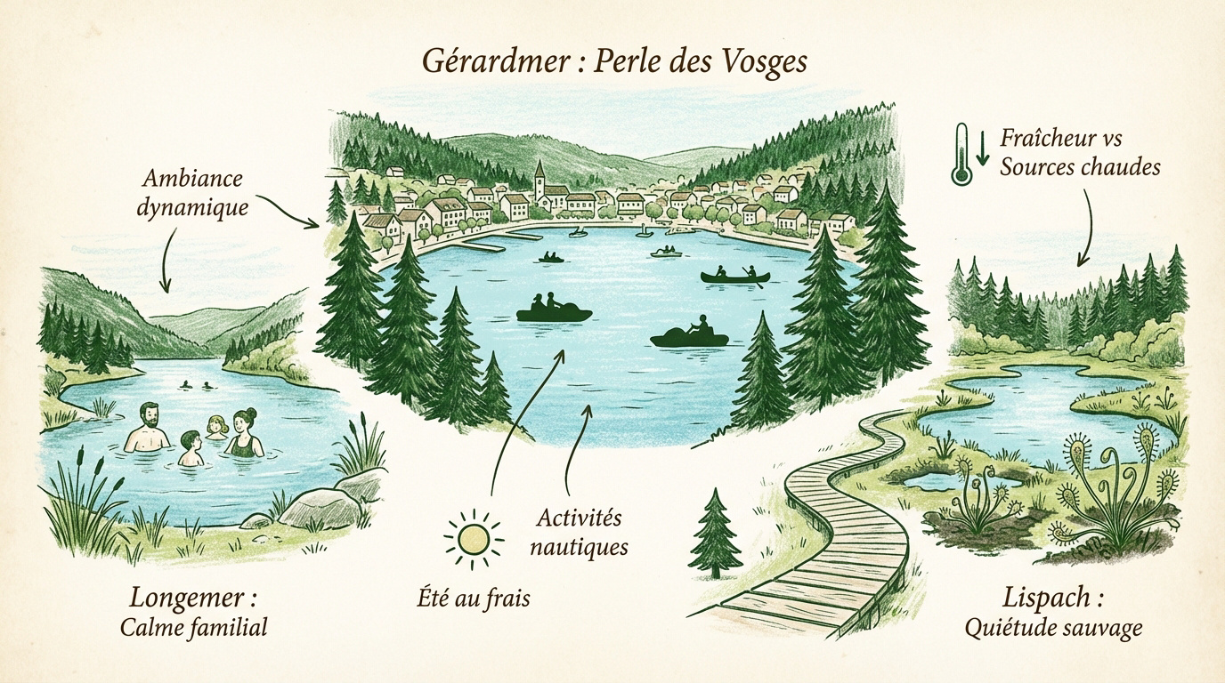 Vue panoramique sur les lacs de Gérardmer et Longemer entourés de forêts de sapins en été