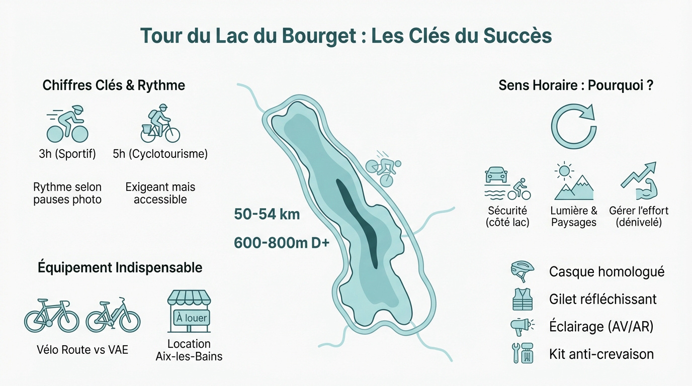 Cycliste admirant la vue panoramique sur les montagnes et les eaux bleues lors du tour du lac du Bourget